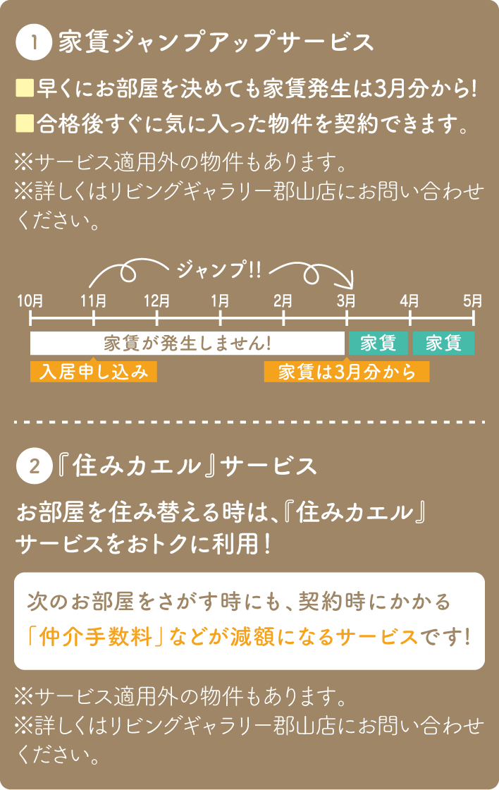 ①家賃ジャンプアップサービス／②『住みカエル』サービス